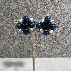 Vintage 60s Blue Silver Bead Clip On Earrings Retro Mid Century Jewelry